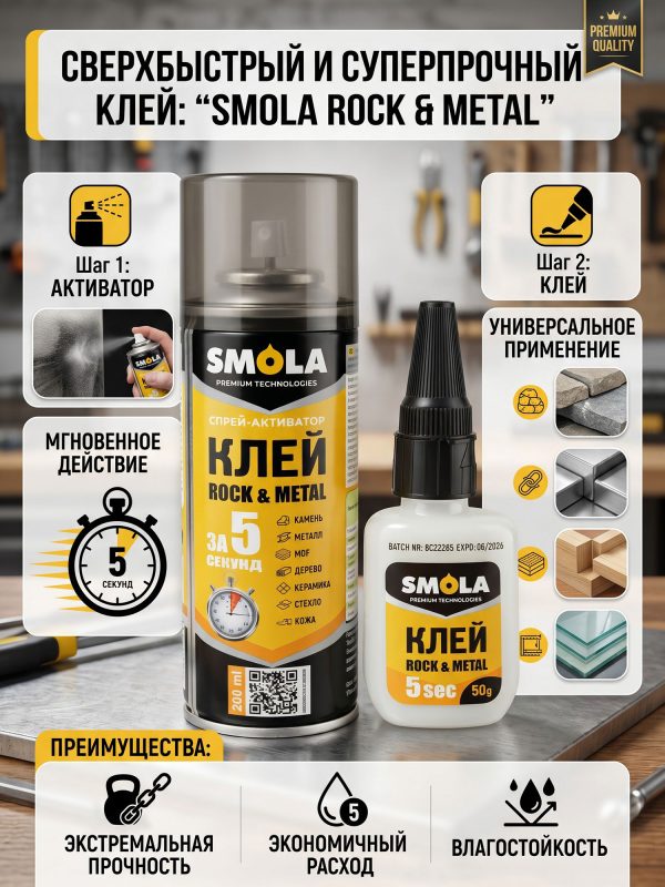 Клей мгновенный SMOLA ROCK & METALL 5 seс двухкомпонентный  50 гр+200 мл